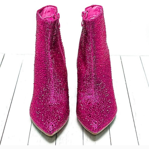 Fuchsia Pink Rhinestone Pointed Toe Chunky Heel Ankle Boots Bootie - Picture 5 of 8